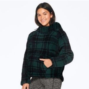 PINK Victorias Secret Sherpa Pullover Hoodie Extra Small Green Black Plaid